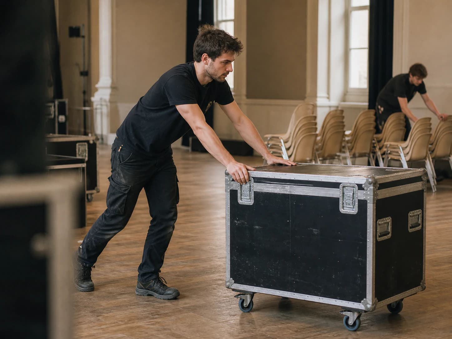 Technicien installant le matériel d'un événement