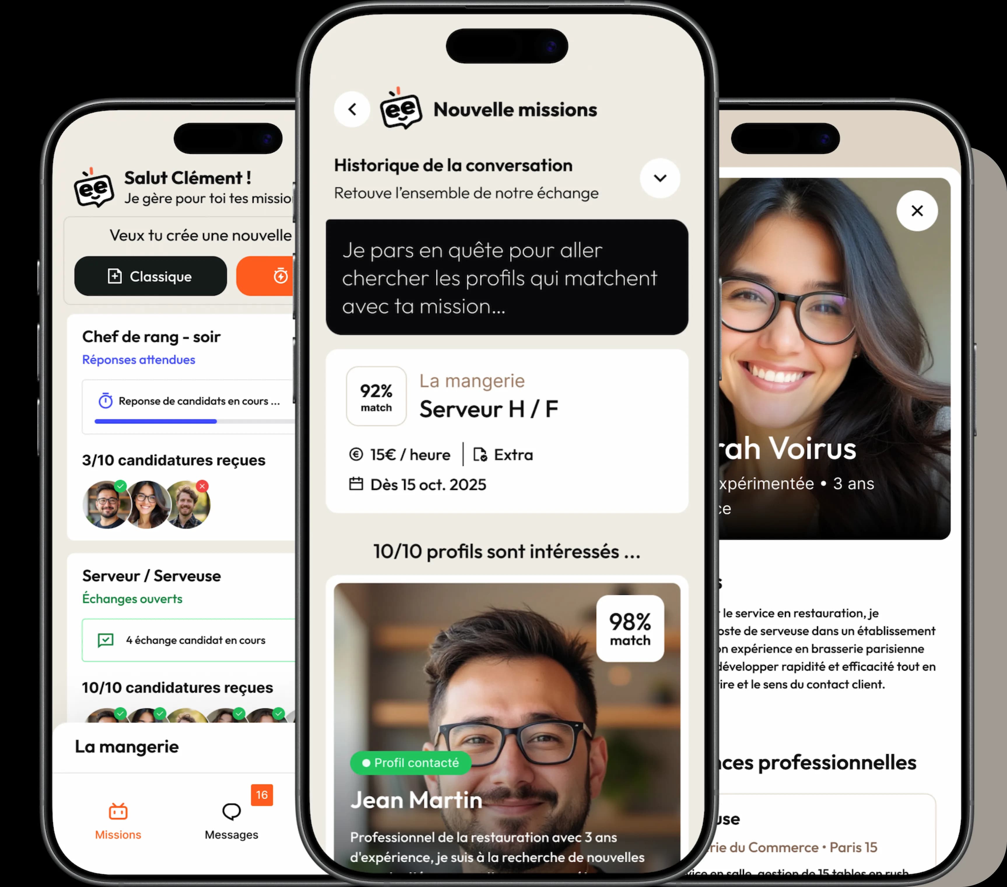 Trois écrans de l'application Pleepole présentant une mission et des profils compatibles