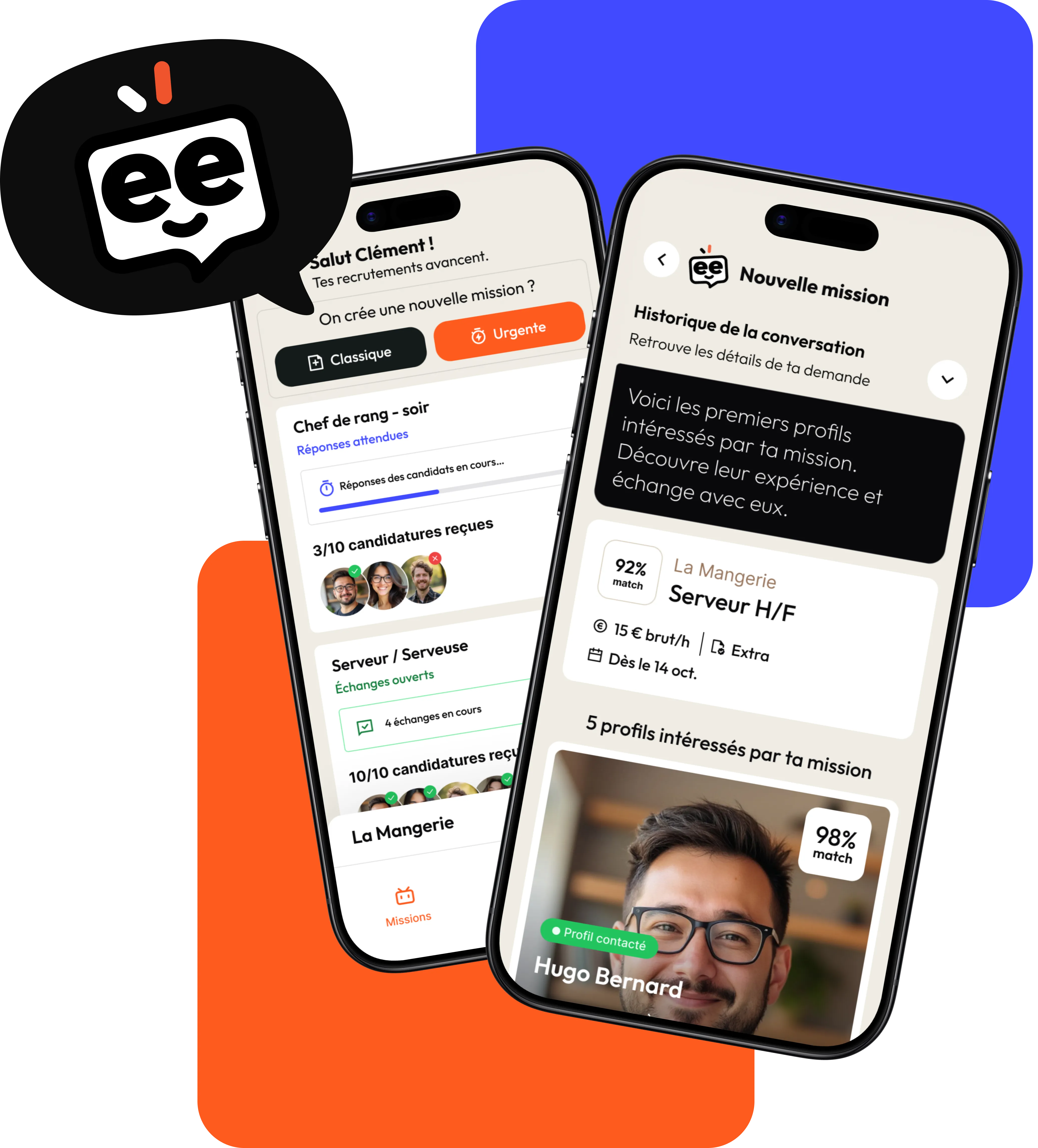 Deux écrans de l'application Pleepole Recruit présentant une mission et ses candidats compatibles